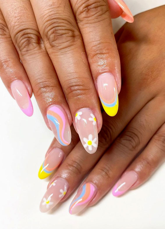 29 Summer Aesthetic Nails Designs 2021 : Mix n Match Rainbow & Sun Nails Art