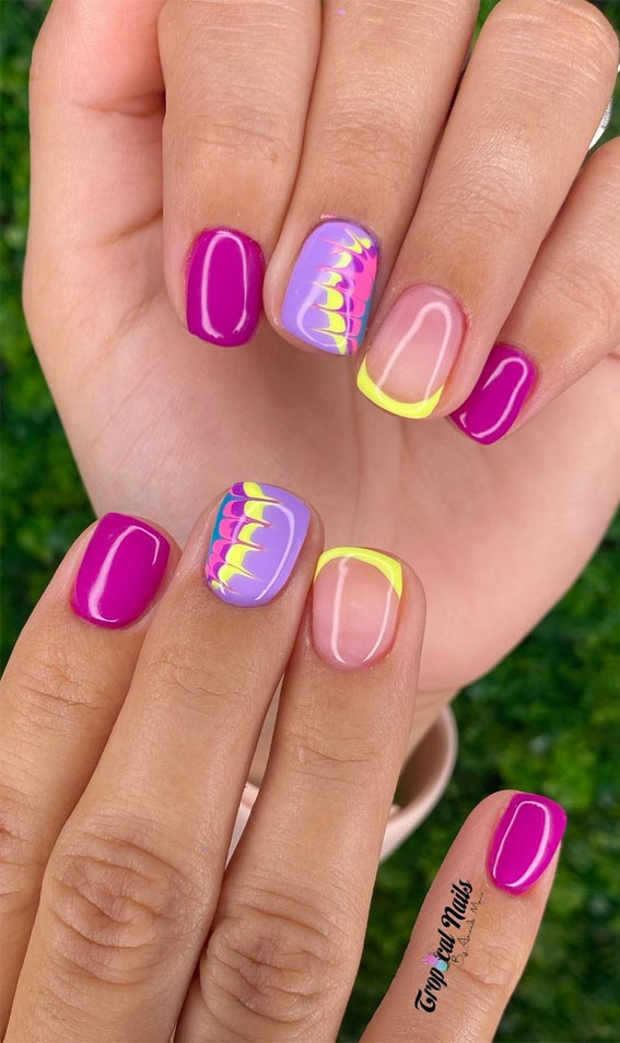 29 Summer Aesthetic Nails Designs 2021 : Mix n Match French Purple Nail Art 