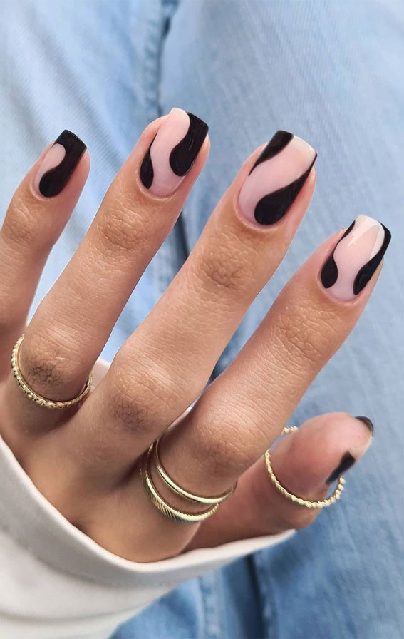 29 Summer Aesthetic Nails Designs 2021 : Black Abstract Nail Art