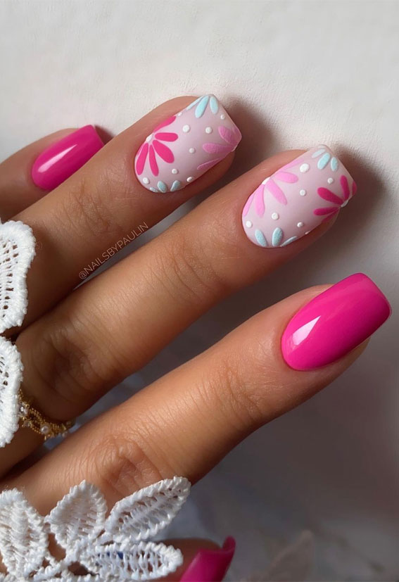 29 Summer Aesthetic Nails Designs 2021 Mix n Match Flower Nail Art