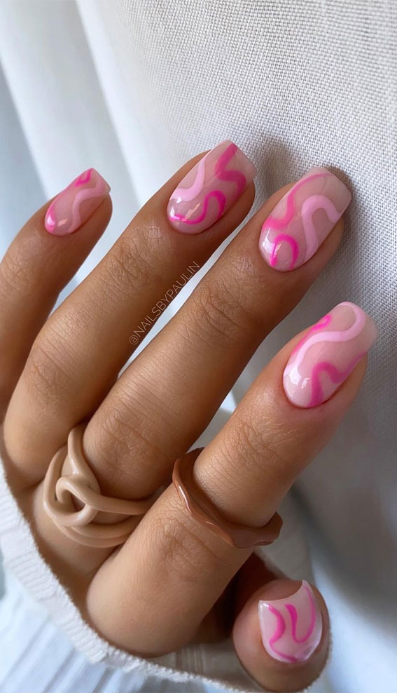 29 Summer Aesthetic Nails Designs 2021 : Pink Swirl Nail Art