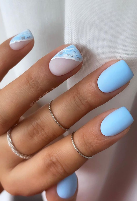 baby blue nails, baby blue nail art, marble nail art, aesthetic nails, asymmetric blue marble nails, summer nail art 