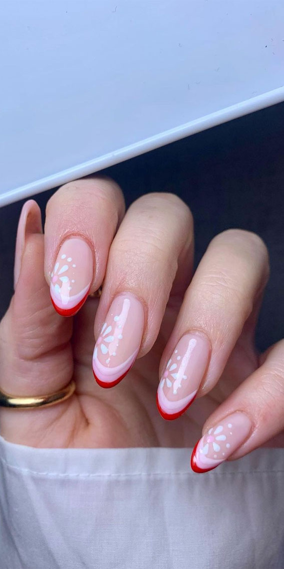 29 Summer Aesthetic Nails Designs 2021 : Flower & Red French Tip Nails
