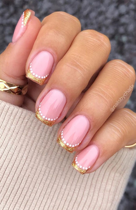 29 Summer Aesthetic Nails Designs 2021 : Gold and White Dot Tip Nails