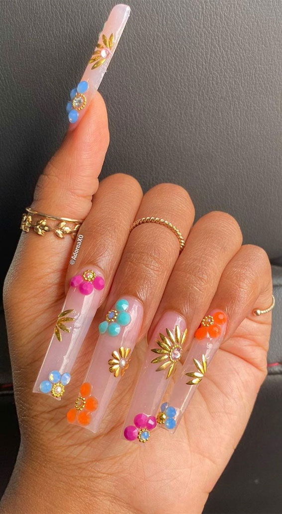 29 Summer Aesthetic Nails Designs 2021 : Gold & Colorful Flower Sheer Nails
