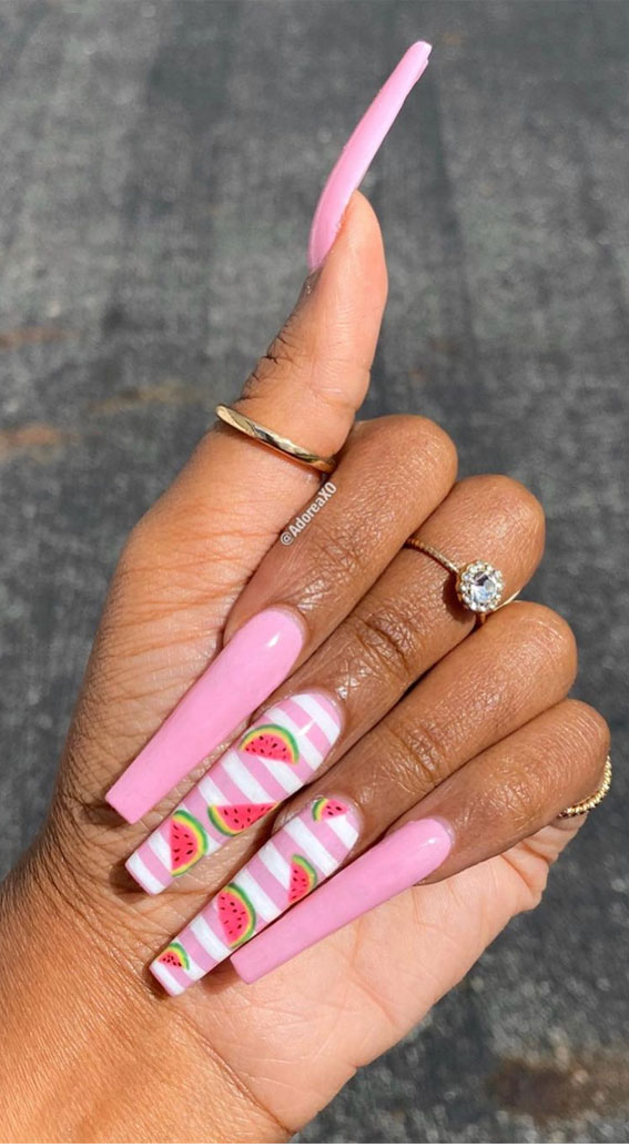 29 Summer Aesthetic Nails Designs 2021 : Watermelon & Pink Striped