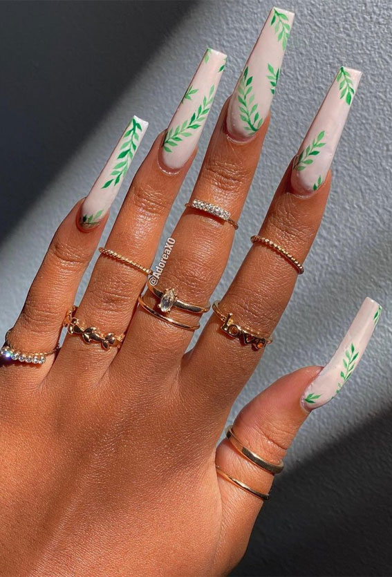 29 Summer Aesthetic Nails Designs 2021 : Green Leaf Coffin Nails