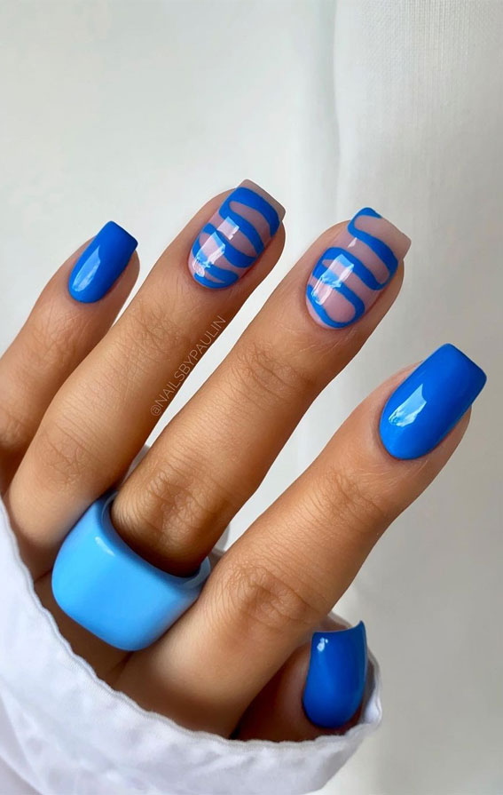 29 Summer Aesthetic Nails Designs 2021 : Blue Swirl Nail Art