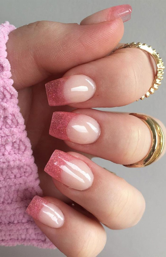 27+ French Manicure with Color Line : Pink glitter french tips