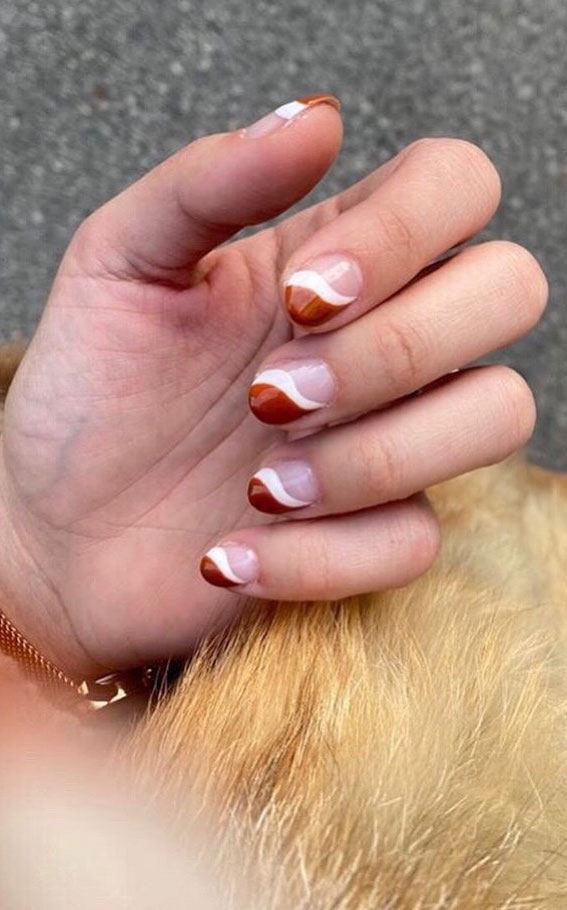 brown french tip nails, wavy french tip nails, brown tip nails, french tip nails with color line