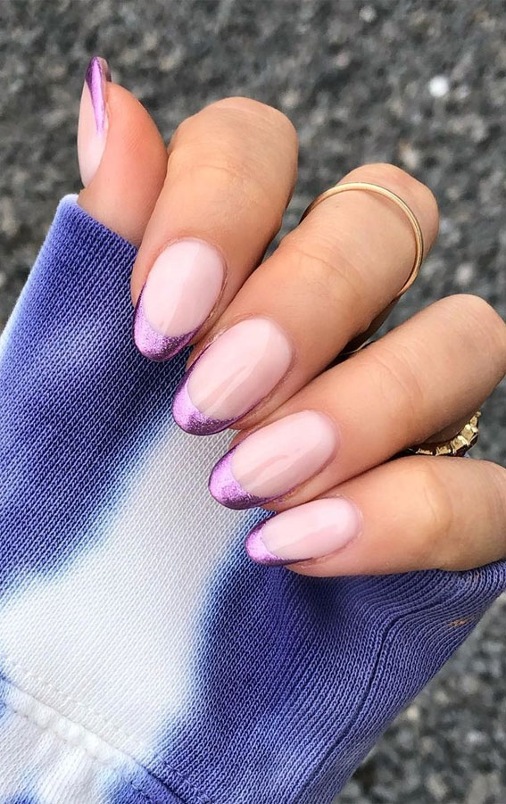 shimmery purple tip nails, glitter purple tip nails, french tip nails design, french tip nails