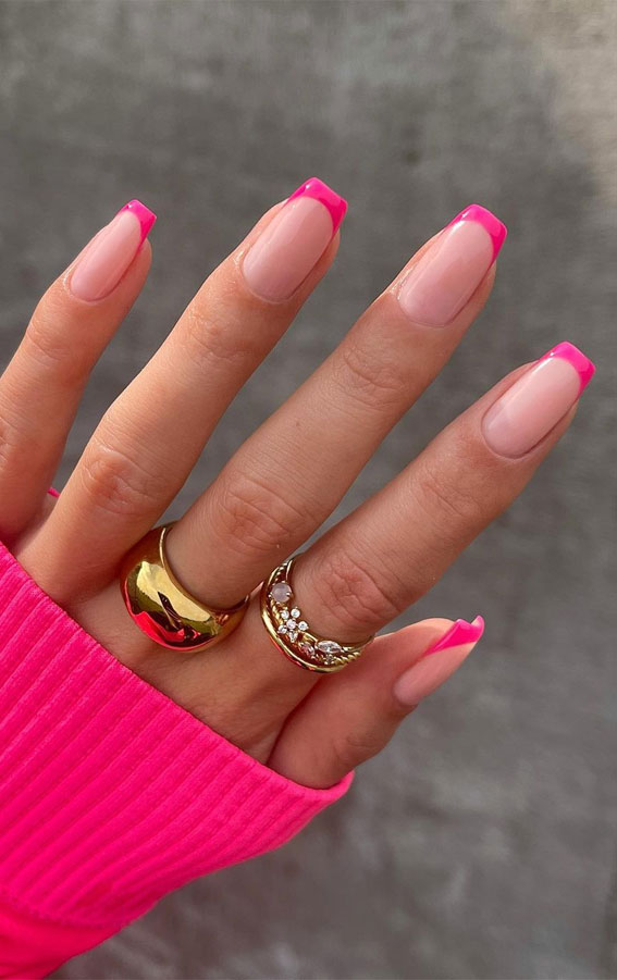 bright pink french tip nails, hot pink tip nails , french tip nails design, french tip nails