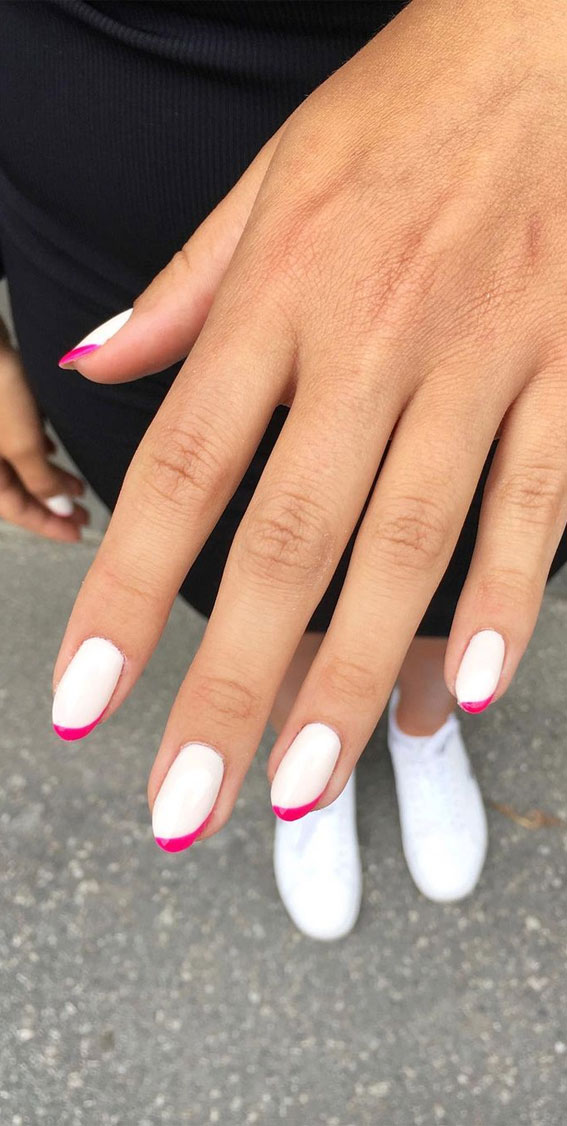 27+ French Manicure with Color Line : Asymmetric Bright Pink Tips
