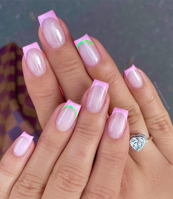 27+ French Manicure with Color Line : Pink Tips with Lime Line