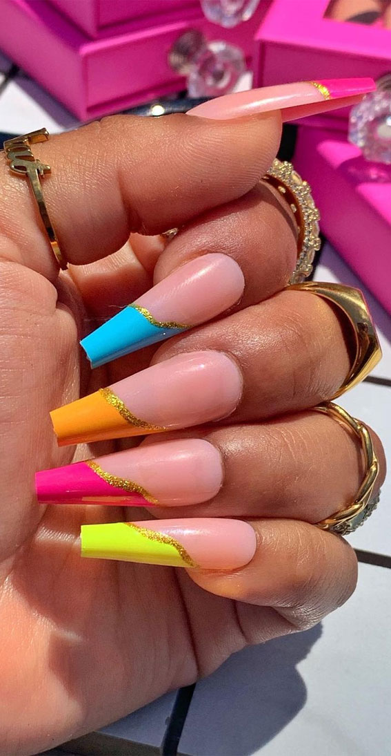 multi-colored angled french mani, multicolored french tips, different color tip nails, multi-colored tip nails
