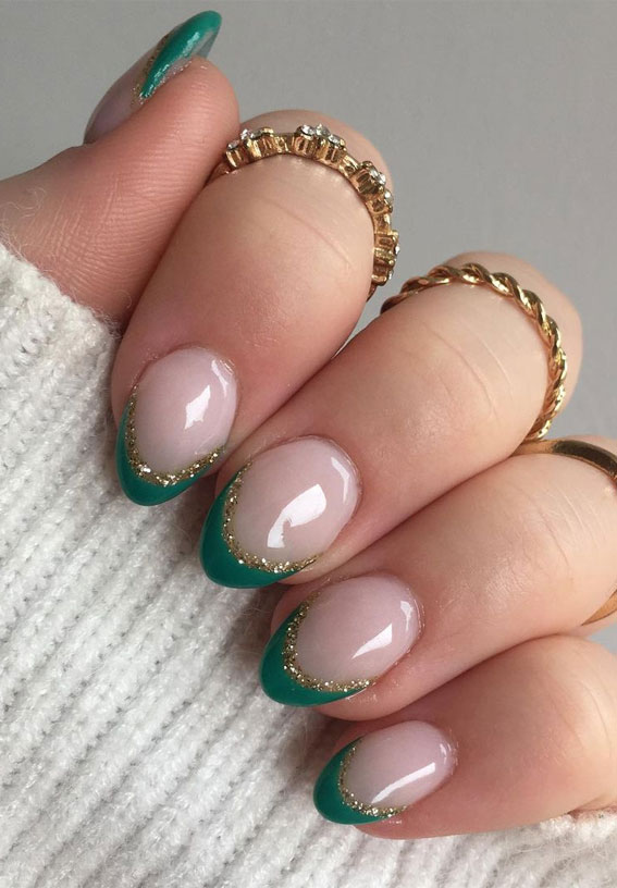 27+ French Manicure with Color Line : Dark Green & Glitter Tips