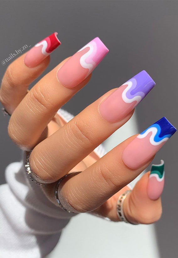 27+ French Manicure with Color Line : Ombre Bright Color with Wave Tips