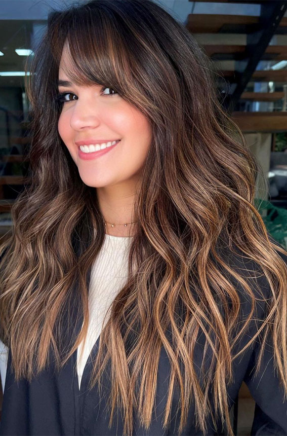 35 Ways to Upgrade Brunette Hair : Long Hair with Fringe & Cappuccino  highlights