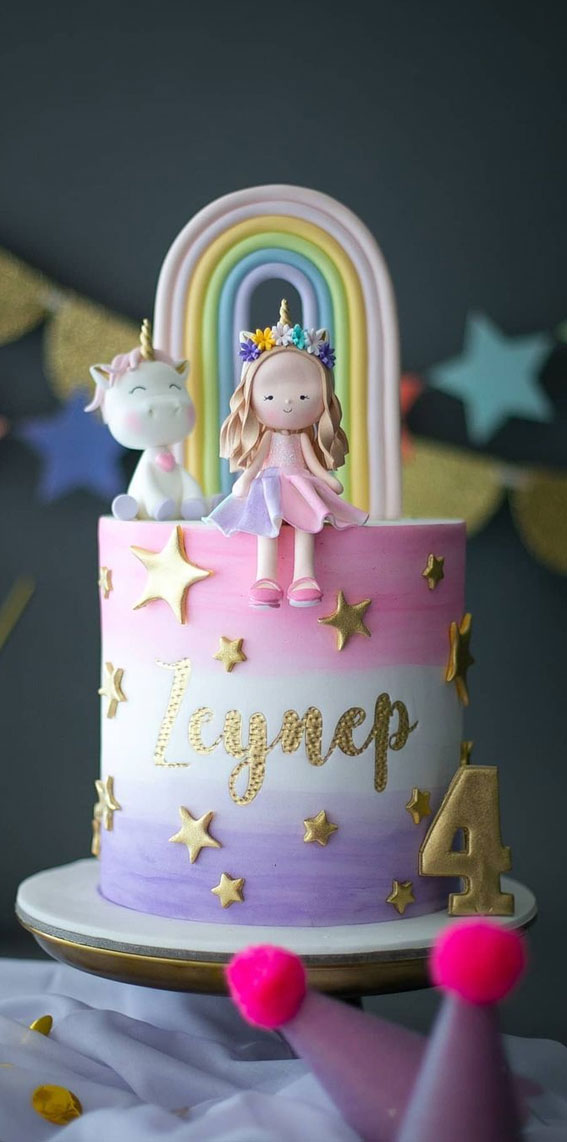 4th birthday cake girl, birthday cake for girl, unicorn and rainbow cake, ombre birthday cake, birthday cake for girls