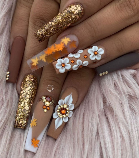 mix and match fall nail art, acrylic coffin nails, mix and match fall nails, acrylic nails, nail polish colors, autumn nails 2021, fall nail polish colors 2021, nail color trends 2021, popular nail colors 2021,  2021 nail colors by month, trending nail colors 2021