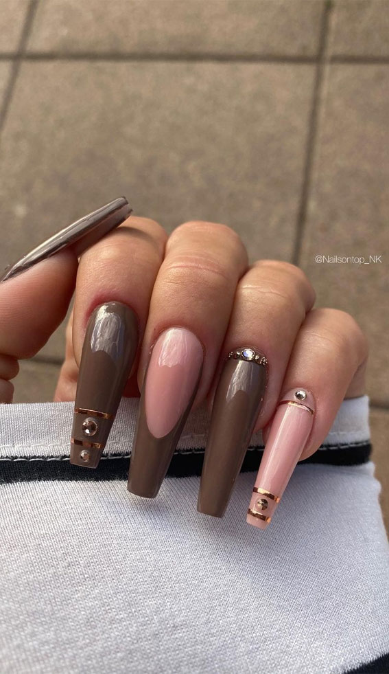 mix and match fall nail art, acrylic coffin nails, mix and match fall nails, acrylic nails, nail polish colors, autumn nails 2021, fall nail polish colors 2021, nail color trends 2021, popular nail colors 2021,  2021 nail colors by month, trending nail colors 2021