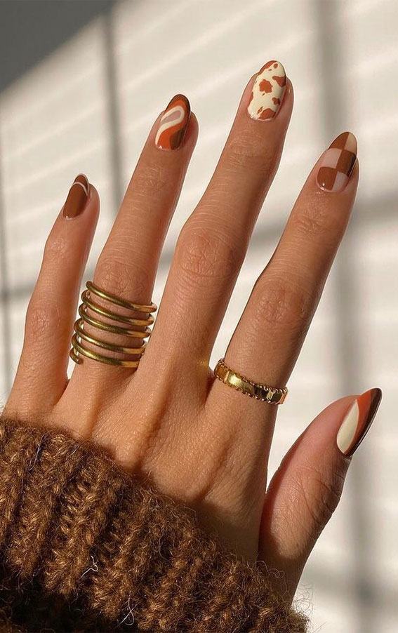 30 Cute Fall 2021 Nail Trends to Inspire You : Mix and Match Brown Fall Nails