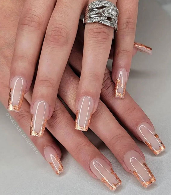 gold foil tip nails, brown swirl nails, coffin nails, acrylic nails 2021, fall nail colors, autumn nude nails, mix and match fall nails, acrylic nails, nail polish colors, autumn nails 2021, fall nail polish colors 2021, nail color trends 2021, popular nail colors 2021,  2021 nail colors by month, trending nail colors 2021