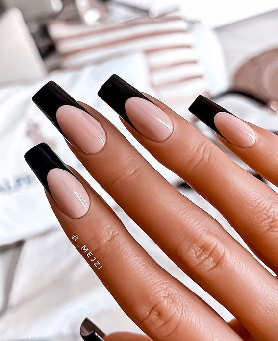 black french tip nails, black tip nails, coffin nails, acrylic nails 2021, fall nail colors, autumn nude nails, mix and match fall nails, acrylic nails, nail polish colors, autumn nails 2021, fall nail polish colors 2021, nail color trends 2021, popular nail colors 2021,  2021 nail colors by month, trending nail colors 2021