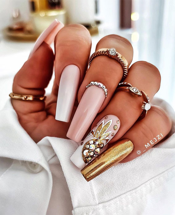30 Cute Fall 2021 Nail Trends to Inspire You : Pineapple Nail Art on Mix and Match Nude Color