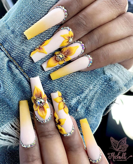 sunflower nail art, sunflower acrylic nails, acrylic coffin nails, mix and match fall nails, acrylic nails, nail polish colors, autumn nails 2021, fall nail polish colors 2021, nail color trends 2021, popular nail colors 2021,  2021 nail colors by month, trending nail colors 2021