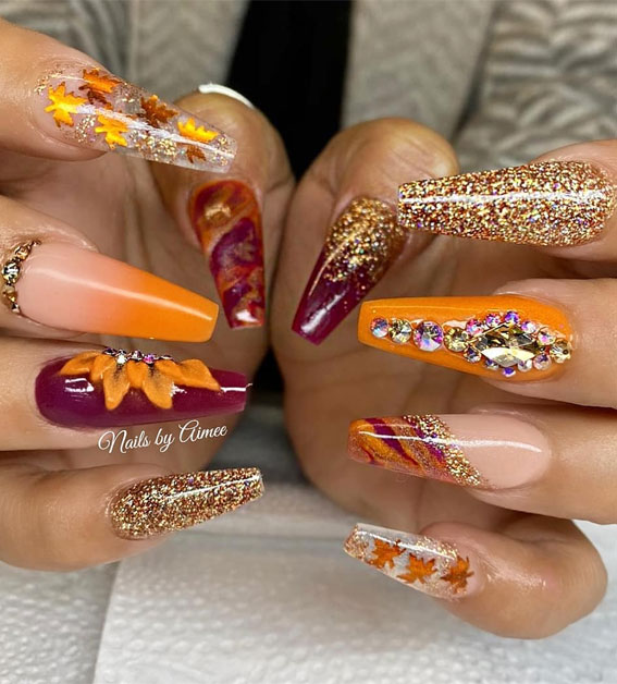mix and match fall nail art, acrylic coffin nails, mix and match fall nails, acrylic nails, nail polish colors, autumn nails 2021, fall nail polish colors 2021, nail color trends 2021, popular nail colors 2021,  2021 nail colors by month, trending nail colors 2021