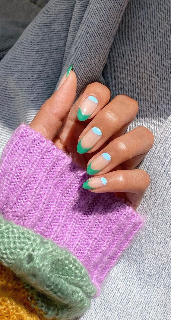 30 Cute Fall 2021 Nail Trends to Inspire You : Green Tip Blue Half Moon Nails