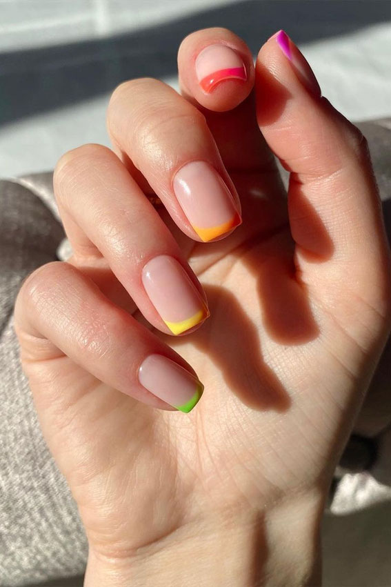 multi-colored french tip nails, short summer nails 2021, short summer nail ideas 