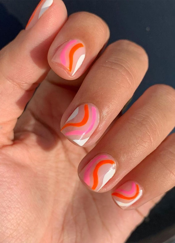 27 Short summer nails 2021 Swirl Nail Art in Pink & Orange