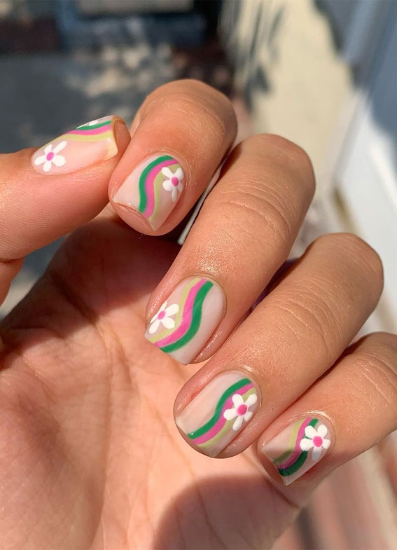 27 Short summer nails 2021 : Flower & Swirl Nail Art