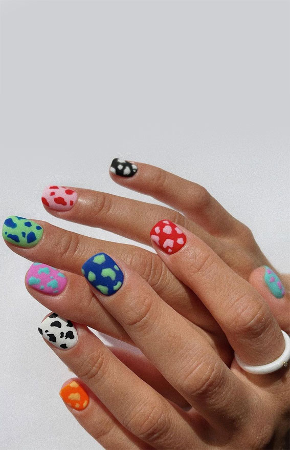 27 Short summer nails 2021 : Multi-Colored Animal Print Nail Art