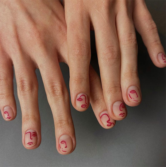 27 Short summer nails 2021 : Simple Abstract Red Face Nails