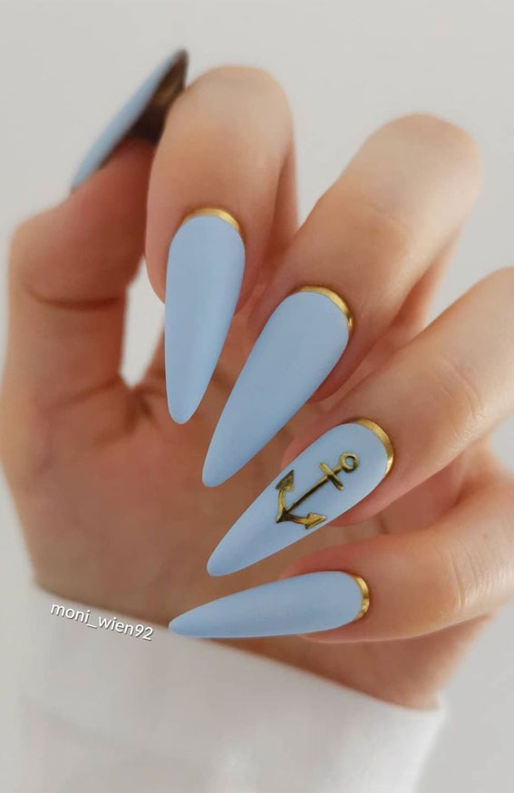 blue and gold nails, beach nails, nautical nails, anchor nails, summer nail art, summer nails 2021