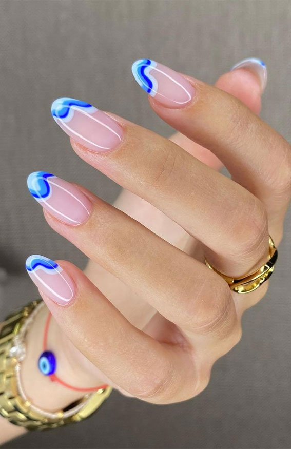blue swirl french tip nails, swirl nail art designs, summer nail art designs, summer nails 2021, summer nails designs 2021