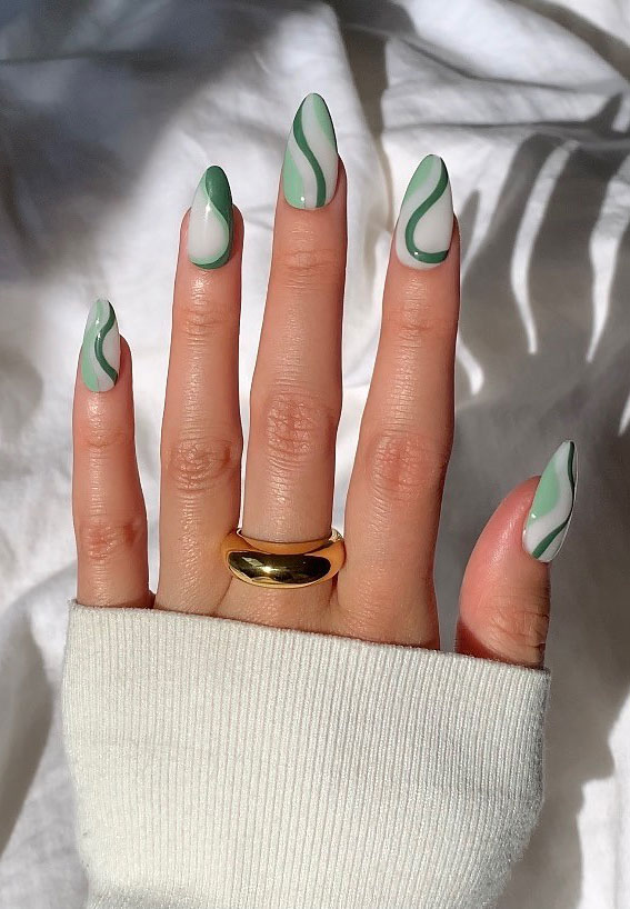 30 Coolest Summer Nails 2021 : Shades of Green Swirl Nails