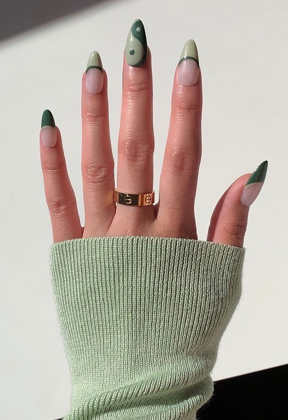 green french tip nails, green yin yang nails, green nail art designs, summer nails 2021, summer nail designs 2021