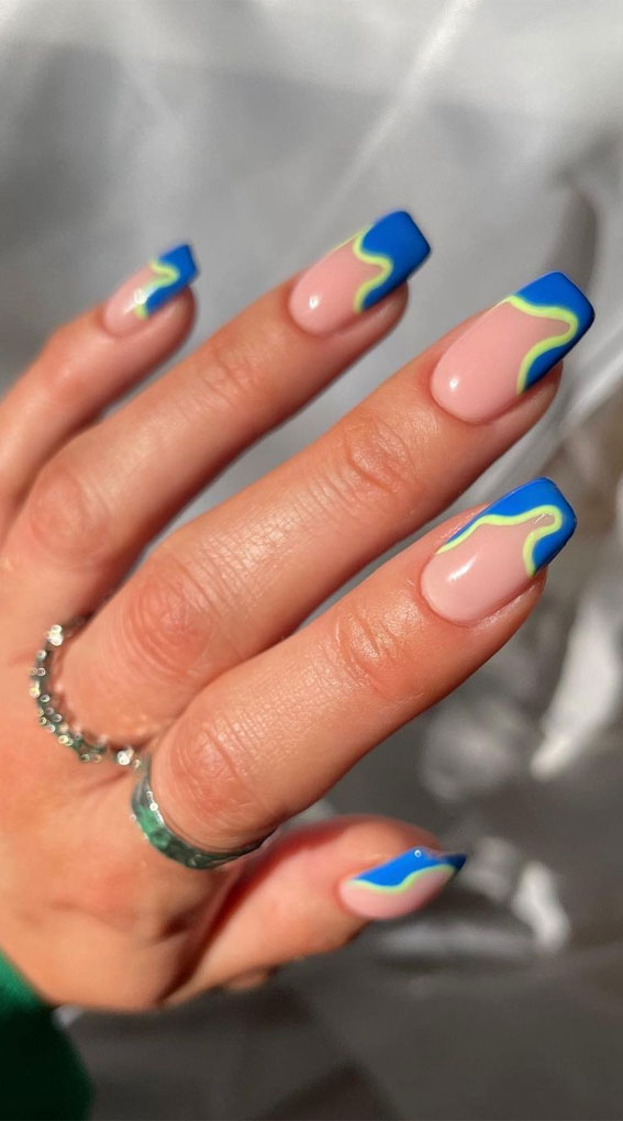 blue and green neon french tip nails , modern french tip nails, summer nails 2021, summer nails