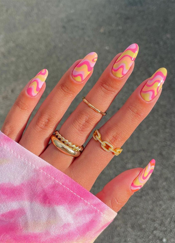 pink and yellow swirl nails, summer nails, summer nail designs 2021