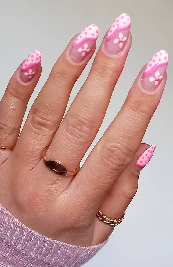 pink polka dot and swirl nails, summer nails, summer nail designs 2021