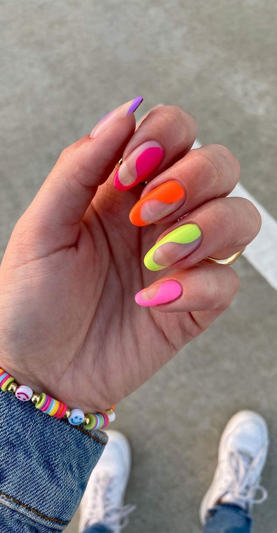 colorful negative space nails, swirl gel nail trends 2021, summer nails 2021, summer gel nail designs 2021, 2021 summer nail colors, summer nail ideas 2021, short summer nails 2021, summer gel nails 2021, summer nail polish colors 2021