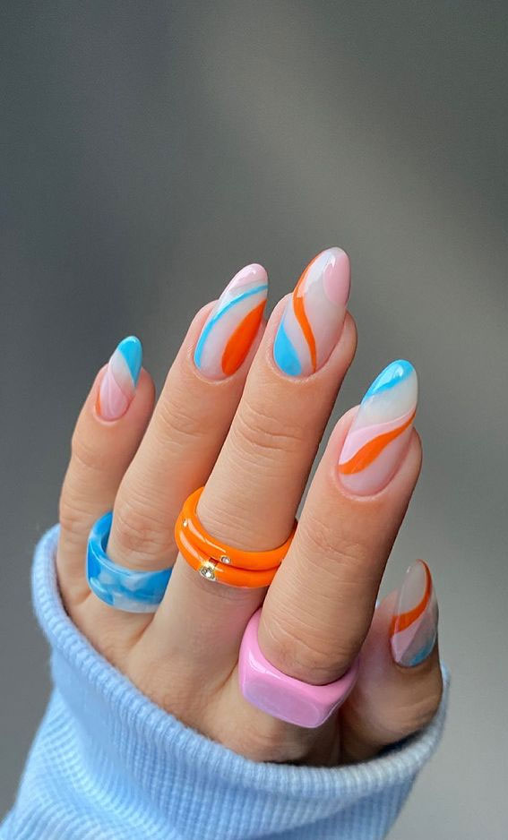 30 Coolest Summer Nails 21 Bright Blue And Orange Fun Swirl Nails