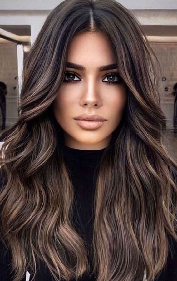 brown hair with blonde highlights, chocolate brown balayage, dark brown hair, brown hair color ideas, chocolate brown hair with blonde highlights, dark chocolate brown hair, brown hair color ideas 2021