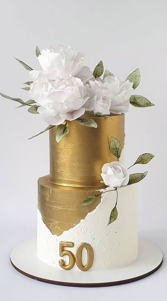 40 Cute Cake Ideas For Any Celebration : White and Gold 50th Birthday Cake
