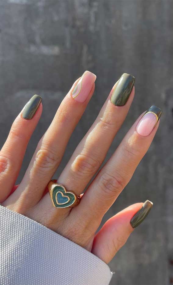 32 Prettiest Autumn Nail Art Designs : Deep Green Paired with Gold Foil Nails