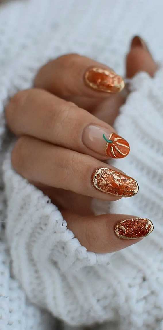 32 Prettiest Autumn Nail Art Designs : Orange Pumpkin Nails with Gold Accents